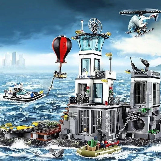 Police Prison Island toy building City Series set helicopter boat Dinghy shark brick Toy