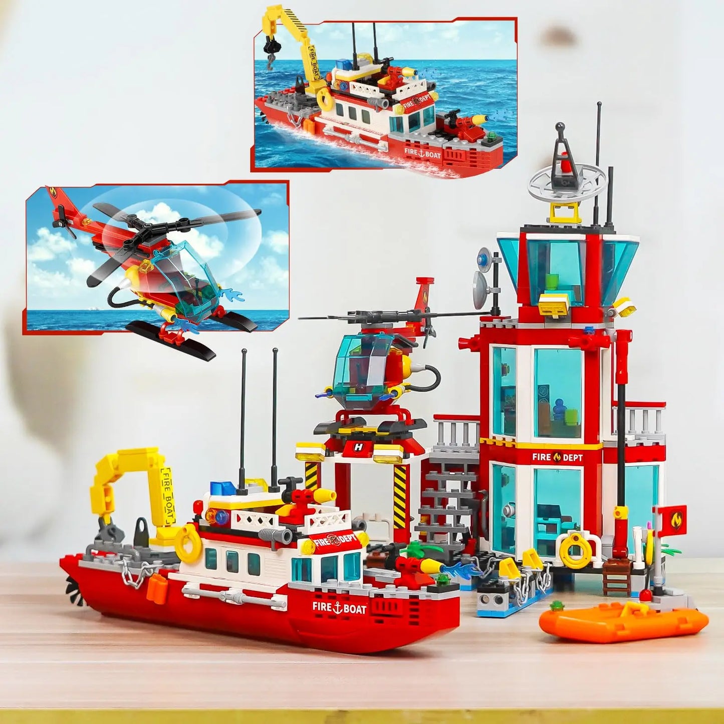 Fire Station Building Kit fire Station Set with Fire Station/Fire Helicopter/Fire Ship/Rescue Boat