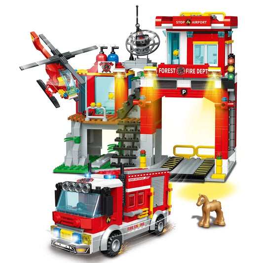 Fire Station Building Kit fire Station Set with Fire Station/Fire Helicopter/Fire Ship/Rescue Boat