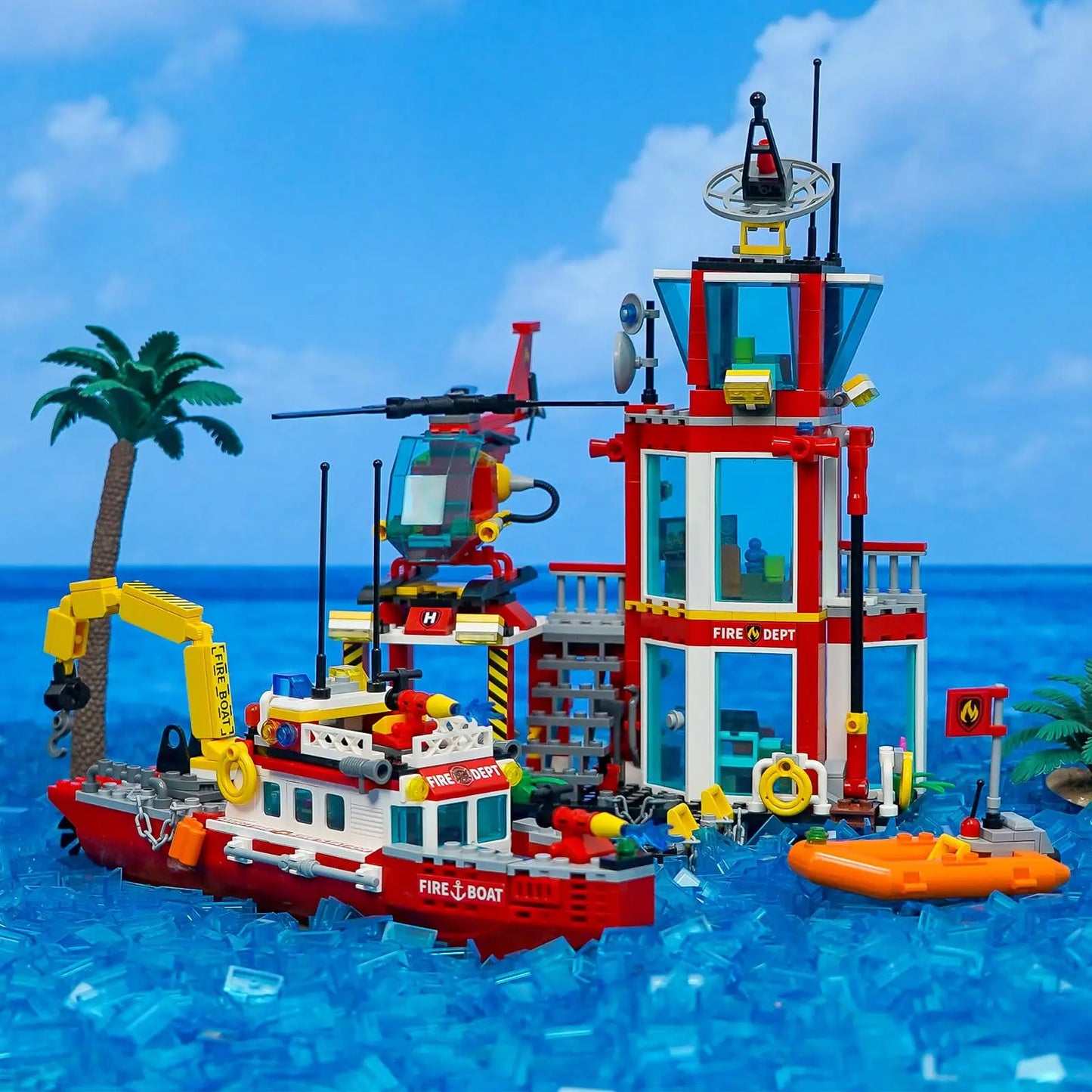 Fire Station Building Kit fire Station Set with Fire Station/Fire Helicopter/Fire Ship/Rescue Boat