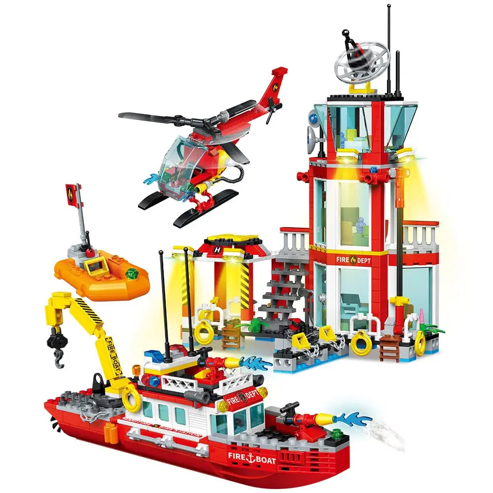 Fire Station Building Kit fire Station Set with Fire Station/Fire Helicopter/Fire Ship/Rescue Boat