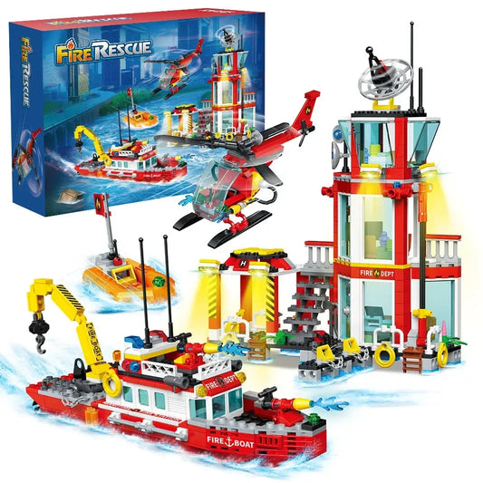 Fire Station Building Kit fire Station Set with Fire Station/Fire Helicopter/Fire Ship/Rescue Boat