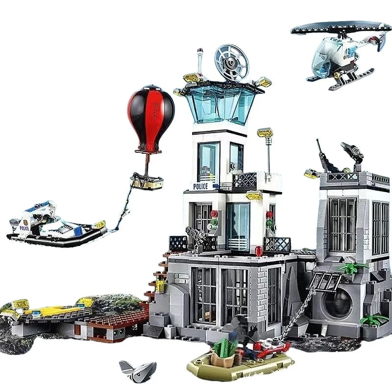 Police Prison Island toy building City Series set helicopter boat Dinghy shark brick Toy
