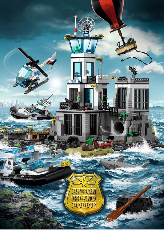 Police Prison Island toy building City Series set helicopter boat Dinghy shark brick Toy
